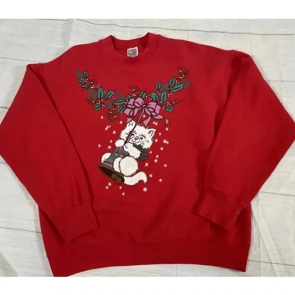 Vintage Fruit Of‎ The Loom Best Ugly Christmas Sweatshirt  Red Cat Belle size L - Picture 13 of 13